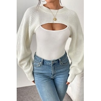 Tarz Cool Kadın Beyaz Dekolteli Crop Triko Bolero Beyaz