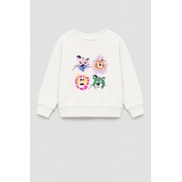 Monila Kız Çocuk 3 İplik Kumaş Pamuklu Hayvan Baskılı Sweatshirt Ekru