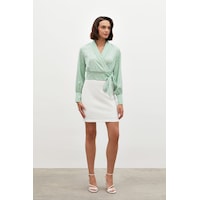 Sateen Yan Kuşaklı Saten Bluz - Mint-134493 Sateen Yan Kuşaklı Saten Bluz - Mint-134493