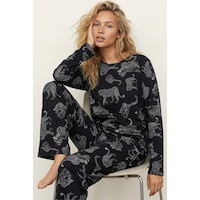 Siyah İnci Siyah Leopar Baskılı Örme Pijama Takım 7613 Siyah İnci Siyah Leopar Baskılı Örme Pijama Takım 7613
