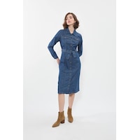Banny Jeans Kadın Önden Düğmeli Kemerli Jean Elbise Koyu Mavi Banny Jeans Kadın Önden Düğmeli Kemerli Jean Elbise Koyu Mavi
