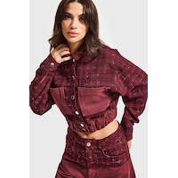 it's basic Kadın Bordo 6w6-35 Dokuma Denim Kumaş Karışımlı Önü Düğmeli Özel Tasarım Bomber Ceket it's basic Kadın Bordo 6w6-35 Dokuma Denim Kumaş Karışımlı Önü Düğmeli Özel Tasarım Bomber Ceket