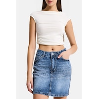 it's basic Kadın Mavi T2-4s6-4 Straight Fit Parlak Taşlı Özel Tasarım Mini Denim Etek