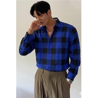 Erkek Ekose-kareli Gömlek Slim Fit Pamuk Karışımlı Klasik Tarz Uzun Kollu Gömlek Lacivert