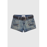Kadın Kot Rengi Mini Kemer Dahil Özel Tasarım Denim Şort Mavi Kadın Kot Rengi Mini Kemer Dahil Özel Tasarım Denim Şort Mavi
