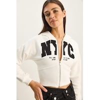 Shade Kadın Nyc Nakışlı Üç İplik Şardonlu Kapüşonlu Crop Hırka 6942 60283794 - Beyaz