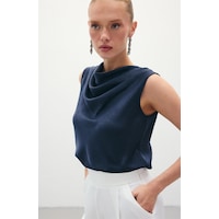 Sateen Degaje Yaka Saten Bluz - Lacivert-136071 Lacivert Sateen Degaje Yaka Saten Bluz - Lacivert-136071 Lacivert
