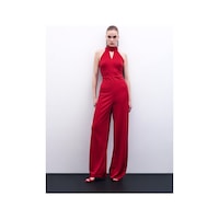Sateen Kolsuz Parlak Tulum - Kırmızı-135879 Kırmızı Sateen Kolsuz Parlak Tulum - Kırmızı-135879 Kırmızı