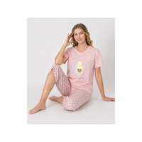 Pijamask Kadın Pudra Pembe Avokado Desenli Kapri Pijama Takımı Kısa Kollu Bisiklet Yaka Rahat Ev Giyim P100-898 Pudra