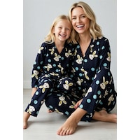 Siyah İnci Lacivert Pamuklu Düğmeli Pijama Takım Siyah İnci Lacivert Pamuklu Düğmeli Pijama Takım