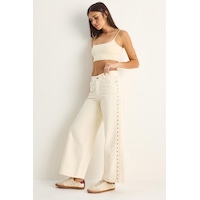 Shade Kadın Yanları Metal Detaylı Wide Leg Denim Pantolon 60282058 - Krem