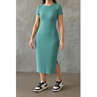 Trend Alisse Yazlık Mint Yeşili Midi Boy Yırtmaçlı Basic Elbise Mint Yeşili