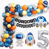 Uzay Temalı Doğum Günü Seti 5 Yaş ; 4 Adet Folyo Balon, 60 Adet Lateks Balon, Banner, Balon Zinciri ve Balon Bandı