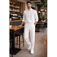 Erkek Oversize Keten Takım Salaş Kesim Gömlek Pantolon Yazlık Kombin Beyaz Erkek Oversize Keten Takım Salaş Kesim Gömlek Pantolon Yazlık Kombin Beyaz