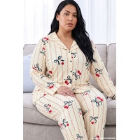 Siyah İnci Sarı Desenli Termal Kumaşlı Ultra Soft Yumuşak Büyük Beden Battal Boy Düğmeli Örme Pijama Takımı 26226534