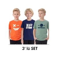 Fyk Kids 3'lü Yuvarlak Yakalı Baskı Detaylı Basic 3 Parça Erkek Çocuk Tişört Lacivert - Turuncu Fyk Kids 3'lü Yuvarlak Yakalı Baskı Detaylı Basic 3 Parça Erkek Çocuk Tişört Lacivert - Turuncu