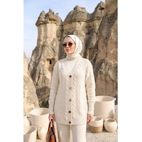 Sayzen Your Shine Trend Saç Örgülü Düğmeli Tunik Hırka Ekru Sayzen Your Shine Trend Saç Örgülü Düğmeli Tunik Hırka Ekru