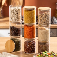 Porsima 1-3 Bambu Vakumlu Kapaklı Yuvarlak Borosilikat Cam 9lu Kavanoz Seti Saklama Kabı 750ml 10x12cm Porsima 1-3 Bambu Vakumlu Kapaklı Yuvarlak Borosilikat Cam 9lu Kavanoz Seti Saklama Kabı 750ml 10x12cm