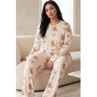 Siyah İnci Pamuklu Likralı Büyük Beden Battal Boy Örme Pijama Takım26240903 Ekru Siyah İnci Pamuklu Likralı Büyük Beden Battal Boy Örme Pijama Takım26240903 Ekru