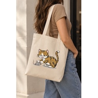 Lunora Collection Kedi Ve Fare Baskılı Körüklü Kanvas Bez Çanta Açık Ten Lunora Collection Kedi Ve Fare Baskılı Körüklü Kanvas Bez Çanta Açık Ten