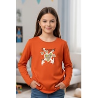 Yuvarlak Yaka Kalp Baskılı Kız Çocuk Sweatshirt Turuncu Yuvarlak Yaka Kalp Baskılı Kız Çocuk Sweatshirt Turuncu