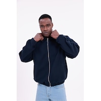 Freemen Erkek Basic Gabardin Kumaş Fermuarlı Oversize Mevsimlik Polo Yaka Ceket Lacivert