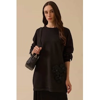 Kadın Çiçek Detaylı Cepli Sweatshirt - Siyah Siyah Kadın Çiçek Detaylı Cepli Sweatshirt - Siyah Siyah