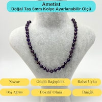 Yıldız Doğal Taş Ametist Doğal Taş 6 MM Makrome Kolye 45 CM - 55 CM Ayarlanabilir Mor
