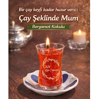 Çay Ağacı Kokulu Türk Çayı Görünümlü Dekoratif Mum Çay Bardağı- Açık Kırmızı