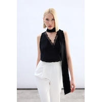 Sateen Dantel Detaylı Bodysuit Bluz - Siyah-136765 Siyah Sateen Dantel Detaylı Bodysuit Bluz - Siyah-136765 Siyah