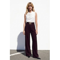 Sateen Bel Aksesuarlı Bol Paça Pantolon - Mürdüm-137425 Sateen Bel Aksesuarlı Bol Paça Pantolon - Mürdüm-137425