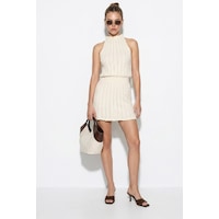 Kadın Halter Yaka Beli Lastikli Ajurlu Triko Mini Elbise Te261005 60286339 - Krem Kadın Halter Yaka Beli Lastikli Ajurlu Triko Mini Elbise Te261005 60286339 - Krem