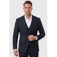 Deepsea Erkek Koyu Lacivert Slim Fit 3 Lü Takım Elbise Yelekli Ekose Desenli Çift Düğme Takım Elbise 2600501 Deepsea Erkek Koyu Lacivert Slim Fit 3 Lü Takım Elbise Yelekli Ekose Desenli Çift Düğme Takım Elbise 2600501