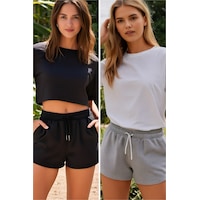 Elemge Kadın 2'li Pamuklu Beli Ipli Şort Siyah Gri Günlük Basic Regular Fit Cepli Normal Bel Rahat 2 Iplik Siyah-gri Elemge Kadın 2'li Pamuklu Beli Ipli Şort Siyah Gri Günlük Basic Regular Fit Cepli Normal Bel Rahat 2 Iplik Siyah-gri