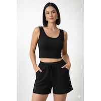 Trend Alisse Kadın Beli Lastikli Siyah Şort Crop Alt Üst İkili Takım