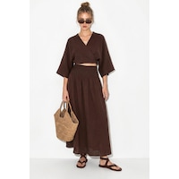 Shade Kadın Kruvaze Bağlamalı Bluzlu Gipe Detaylı Astarlı Etek Müslin Pamuk Takım 1059 60286286 - Acı Kahve Çok Renkli Shade Kadın Kruvaze Bağlamalı Bluzlu Gipe Detaylı Astarlı Etek Müslin Pamuk Takım 1059 60286286 - Acı Kahve Çok Renkli