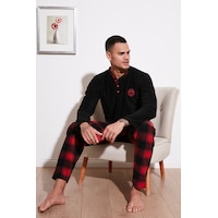 Buratti Ekose Regular Fit Bisiklet Yaka Kışlık Polar Erkek Pijama Takımı 609610013W4 Siyah-Kırmızı