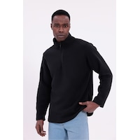 Freemen Erkek Fit Dik Yaka Yarım Fermuarlı Sweatshirt Polar Siyah