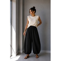 Vadon 1035 Kadın %100 Pamuk Gabardin Balon Paça Lastikli Bel Pantolon Siyah