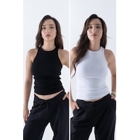 Mmetalic Fitilli Regular Fit Normal Kalıp Siyah-beyaz Bisiklet Yaka Sıfır Kol Pamuklu 2'li Kadın Atlet Gri - Lacivert