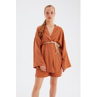 Sateen Kuşak Detaylı Salaş Kimono- Taba