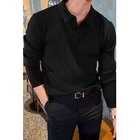 Cool Tarz Erkek Polo Yaka Triko Kazak Slim Fit Fitilli Siyah Cool Tarz Erkek Polo Yaka Triko Kazak Slim Fit Fitilli Siyah