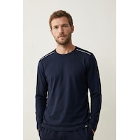 Elemge %100 Pamuk Süprem Uzun Kollu Pijama Üstü Erkek T-shirt Compact Penye Rahat Kalıp Tok Kumaş Lacivert