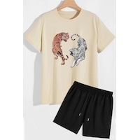 Uyguntarz Tiger Şort T-shirt Eşofman Takımı Bej Uyguntarz Tiger Şort T-shirt Eşofman Takımı Bej