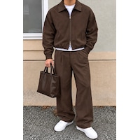 Erkek Oversize Çift Fermuarlı Ceket Ve Baggy Pantolon Alt Üst Takım Kahverengi Erkek Oversize Çift Fermuarlı Ceket Ve Baggy Pantolon Alt Üst Takım Kahverengi