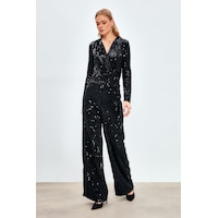 Sateen Bol Paça Payetli Pantolon - Siyah Sateen Bol Paça Payetli Pantolon - Siyah