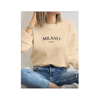 Herkesemoda Milano Baskı Detaylı Bisiklet Yaka İçi Polarlı Sweatshirt Bej Herkesemoda Milano Baskı Detaylı Bisiklet Yaka İçi Polarlı Sweatshirt Bej