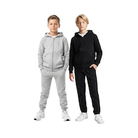 Panios Kids 2'li Fermuarlı Kanguru Cepli Kapüşonlu Düz Baskısız Erkek Çocuk Eşofman Takımı Gri - Siyah Panios Kids 2'li Fermuarlı Kanguru Cepli Kapüşonlu Düz Baskısız Erkek Çocuk Eşofman Takımı Gri - Siyah