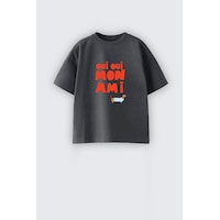 Monila Kız Çocuk Baskılı Pamuklu Bisiklet Yaka T-shirt Antrasit