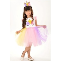Kız Çocuk Beyaz Unicorn Figürlü Taçlı Elbise Pembe Kız Çocuk Beyaz Unicorn Figürlü Taçlı Elbise Pembe